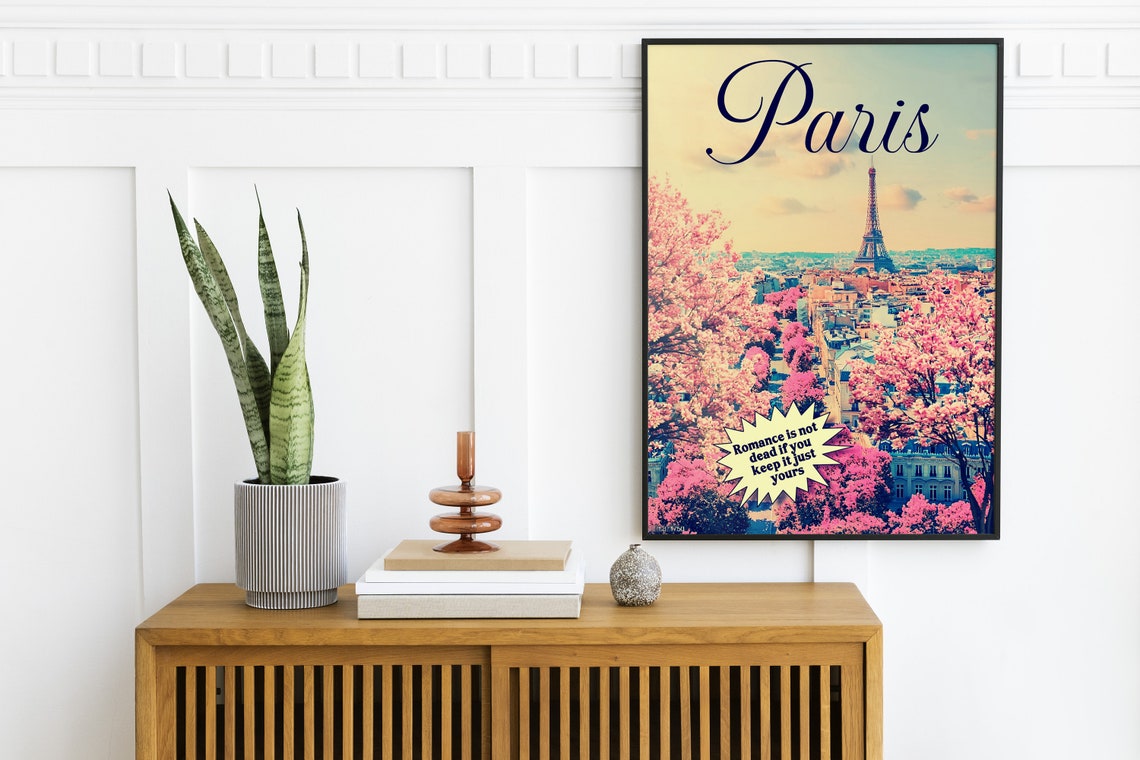 Paris Eiffel Tower Cherry Blossom Vintage Travel Poster Romance - Image 2