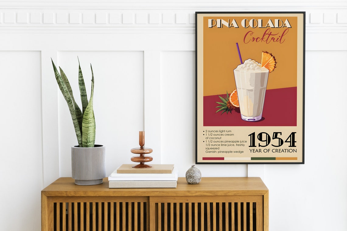 Pina Colada Cocktail Vintage Recipe Poster Tropical Drink Art - Image 2
