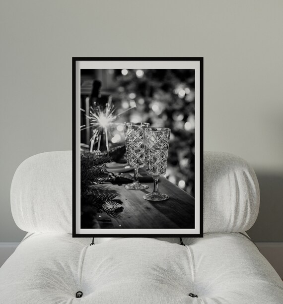 Black White Champagne Coupe Sparkler Party Photography Wall Art