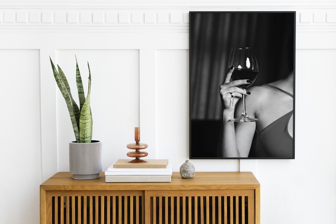 Woman Holding Wine Glass Black And White Moody Bar Cart Photo Print - Image 2