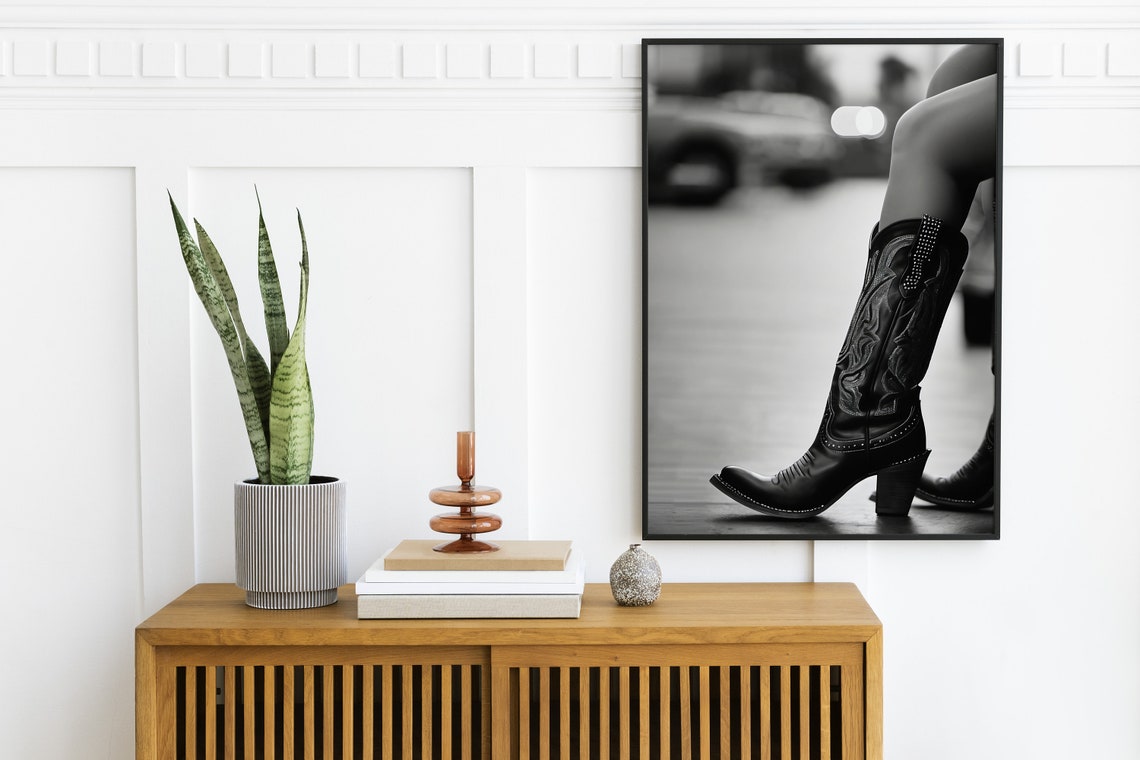 Black And White Vintage Cowgirl Boots Western Photography Wall Art - Image 2
