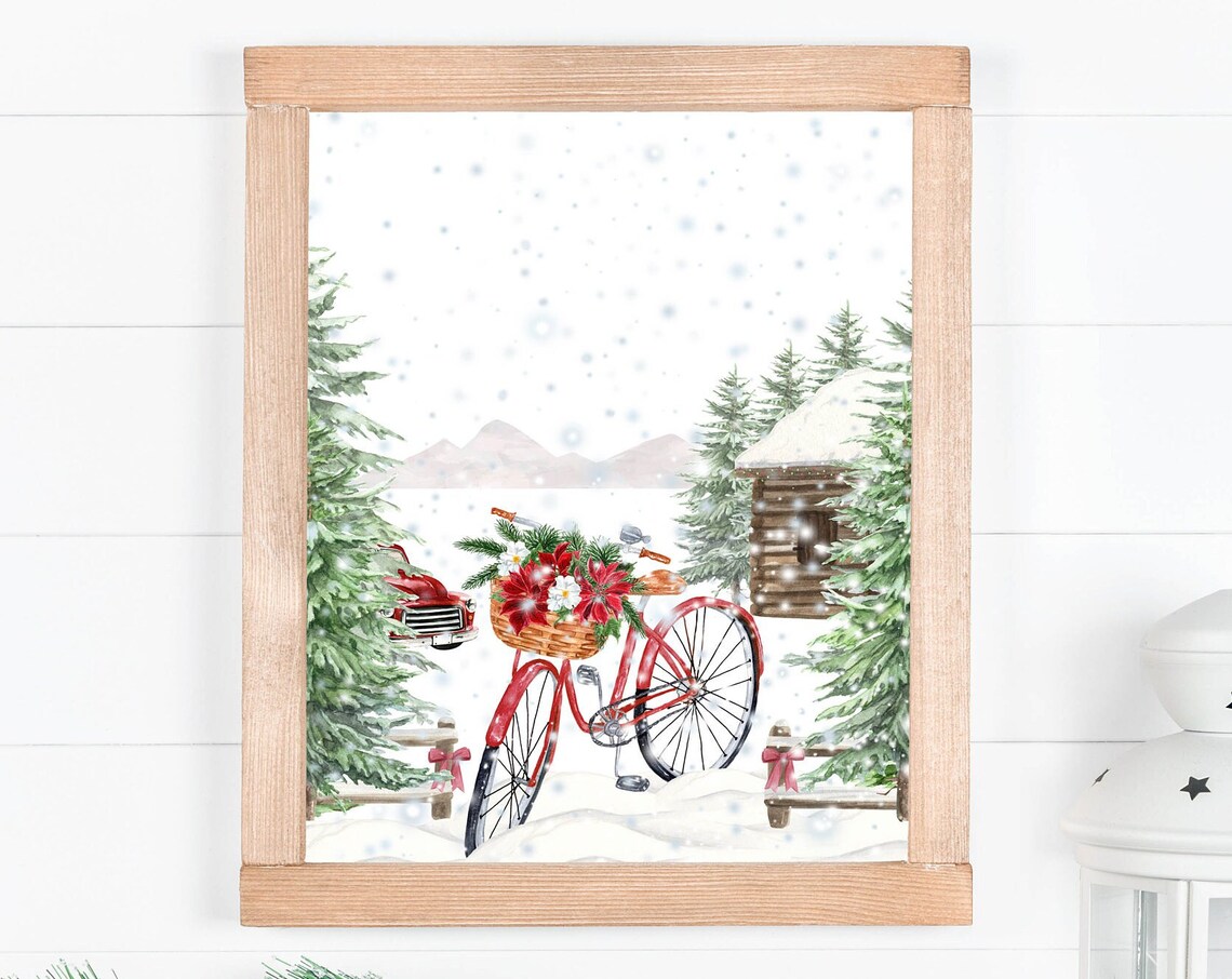 Winter Bicycle Woodland Wall Art 5x7 8x10 11x14 16x20 Holiday Decor Christmas Sign Cabin Rustic Floral Bike Country Diy Decor - Image 3
