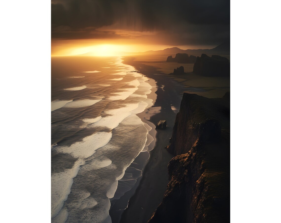 Black Sand Beach Aerial Golden Sunset White Foam Coastal Photo Poster