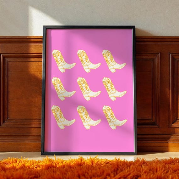 Cowgirl Poster Print Pink Western Wall Art Girly Cowboy Dorm Decor Preppy Orange White Boots Cute Trendy Artwork