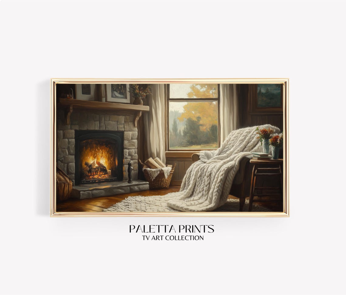 Cozy Fireplace Living Room Knit Blanket Autumn Window Warm Art Poster