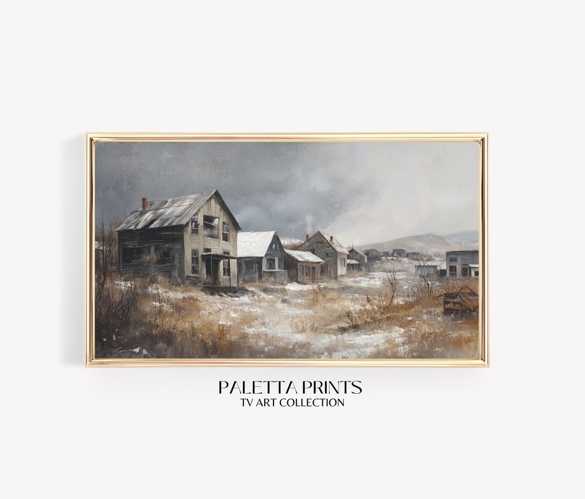 Abandoned Wooden Village Houses Snow Moody Vintage Winter Art Poster