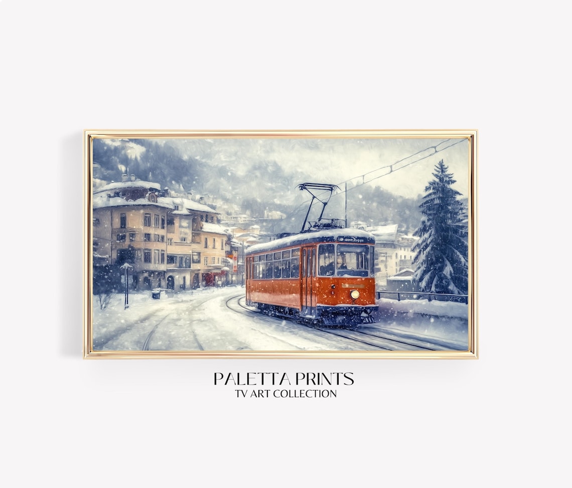 Vintage Red Tram Snowy European Town Winter Street Scene Tv Poster