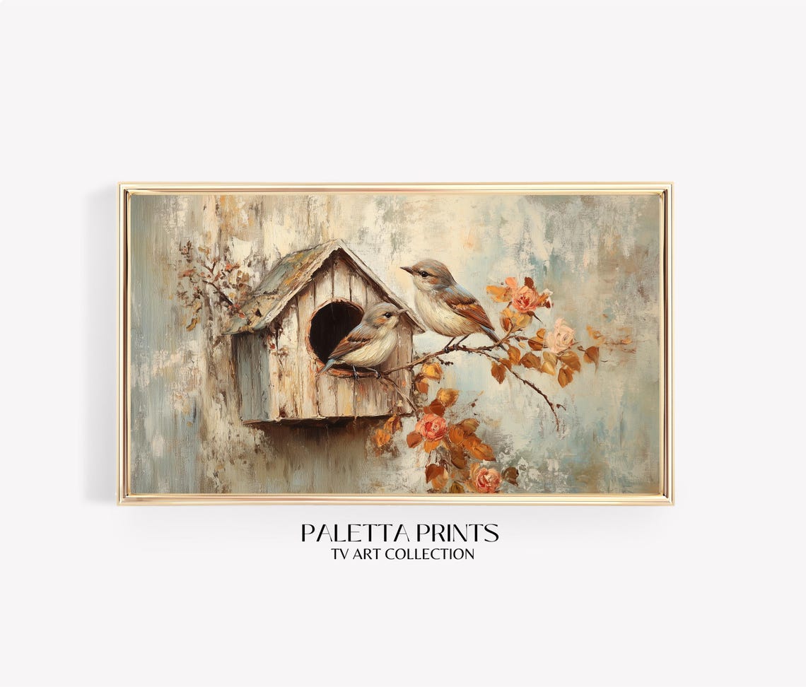 Songbirds at Whitewashed Birdhouse Roses Vintage Art Wall Poster
