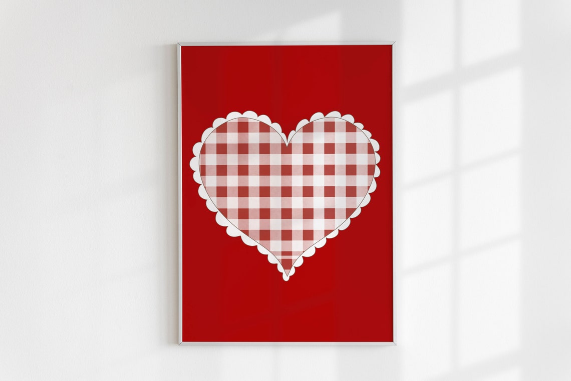 Red Gingham Heart Plaid Valentine Trendy Holiday Wall Art Print