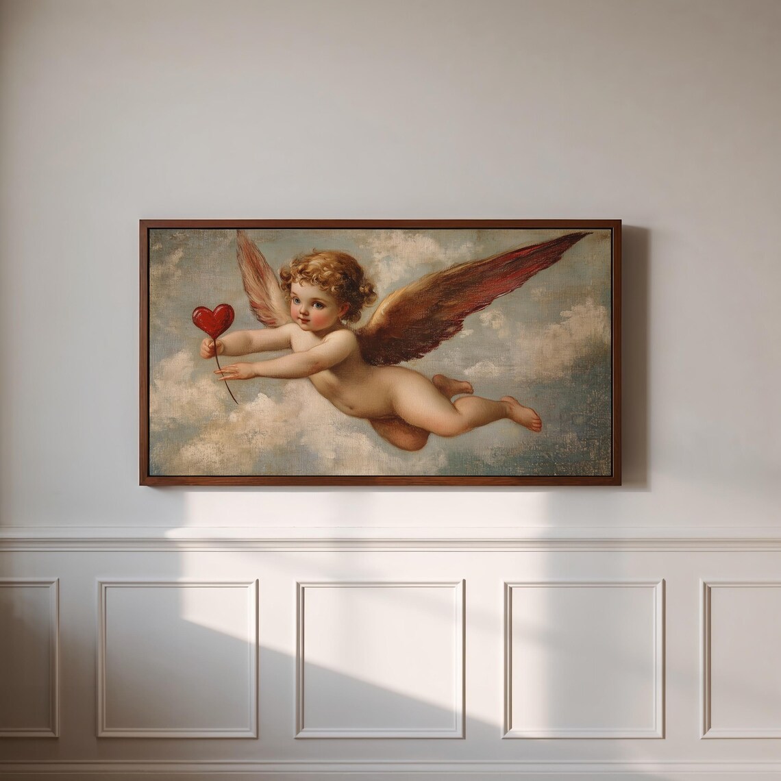 Cupid Flying Red Heart Through Clouds Vintage Romantic Art Poster - Image 3