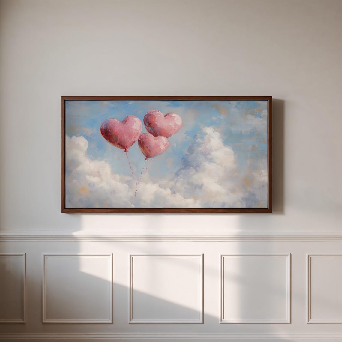 Pink Heart Balloons Floating in Blue Sky Cloudscape Art Poster - Image 3