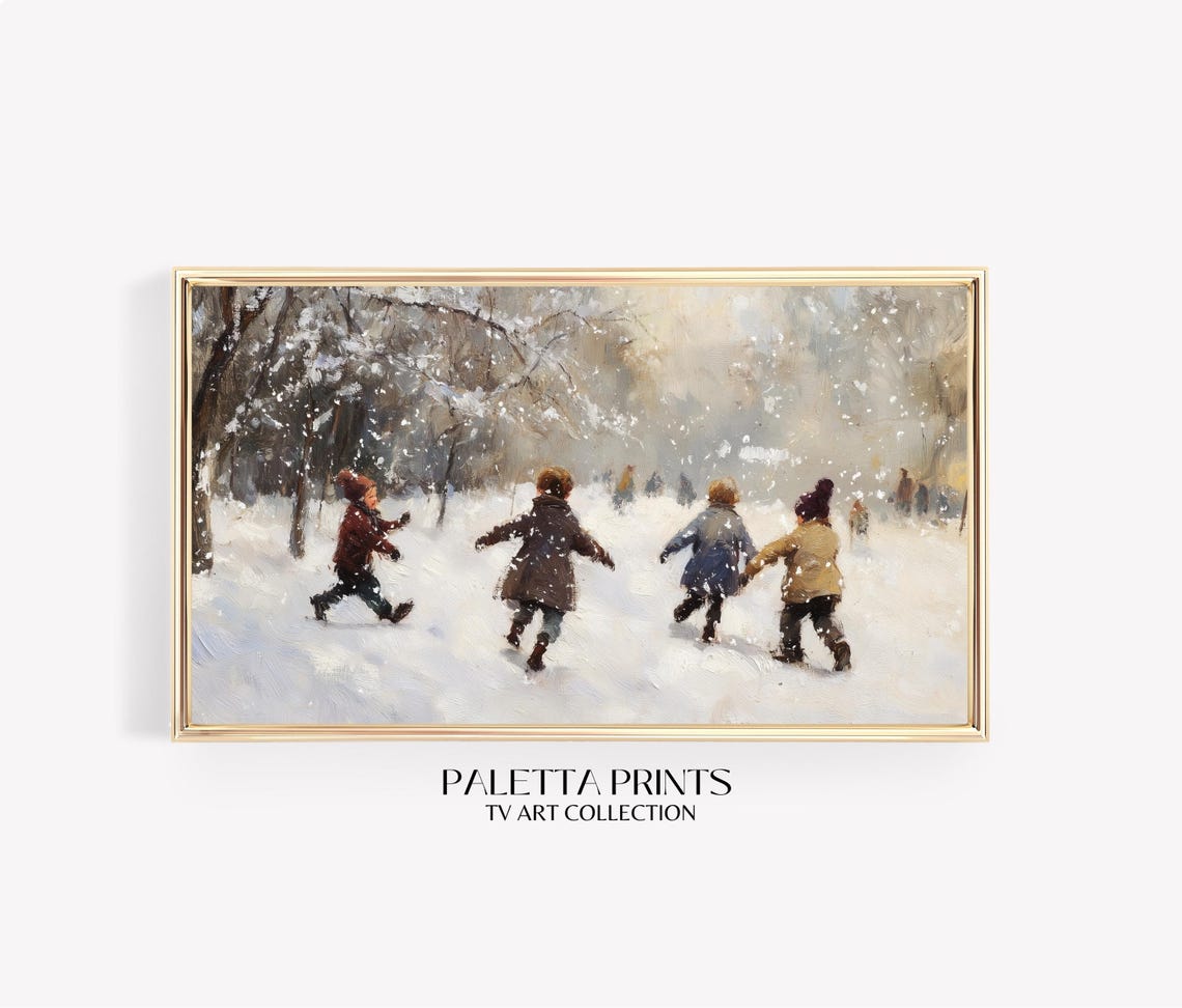 Children Playing in Snow Vintage Winter Landscape Art Poster