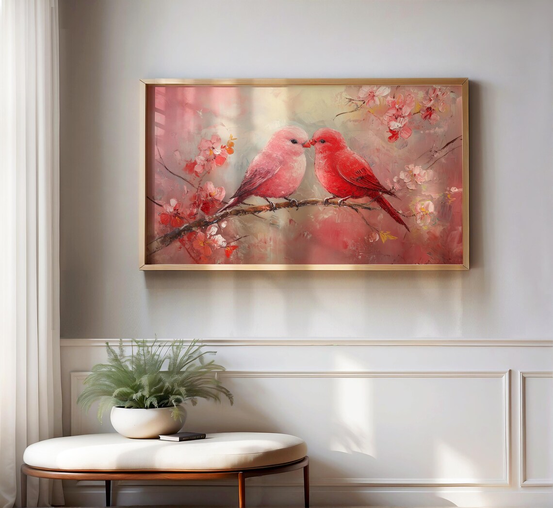Red Pink Lovebirds Kissing on Cherry Blossom Branch Art Poster - Image 2
