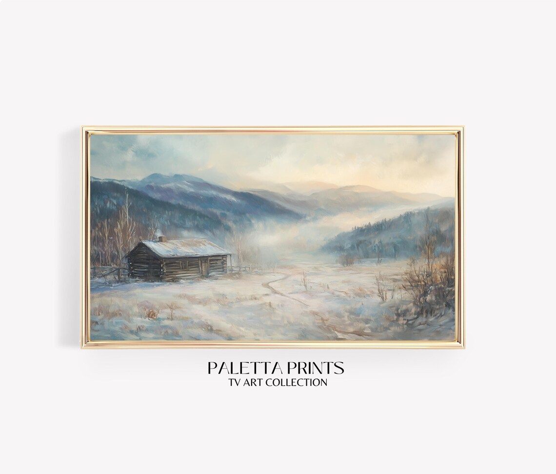 Rustic Cabin Misty Snowy Mountain Valley Dawn Winter Painting Poster