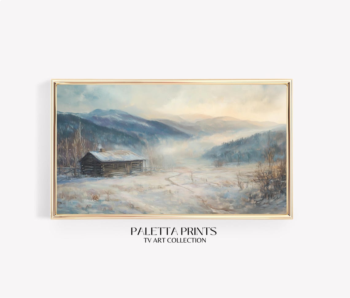 Rustic Winter Cabin In Snowy Mountain Landscape Frame Tv Art Serene Nature Scene Neutral Painting Winter Art