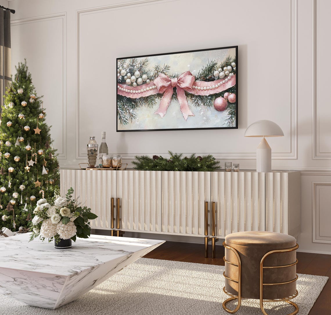 Pink Ribbon Pearl Garland Christmas Pine Bauble Festive Art Print - Image 3