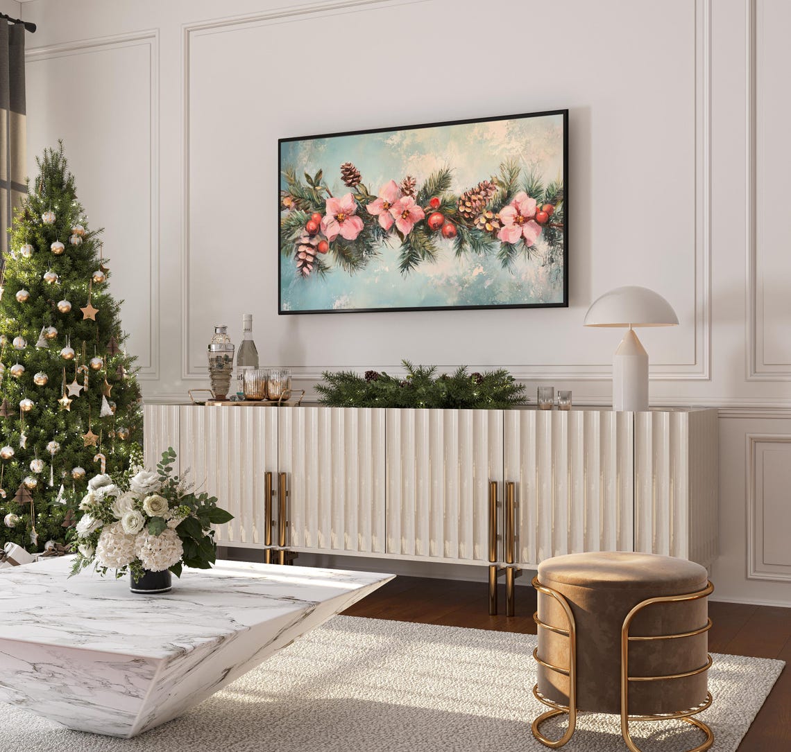 Pink Floral Holiday Garland Pine Berries Pinecones Festive Wall Art - Image 3
