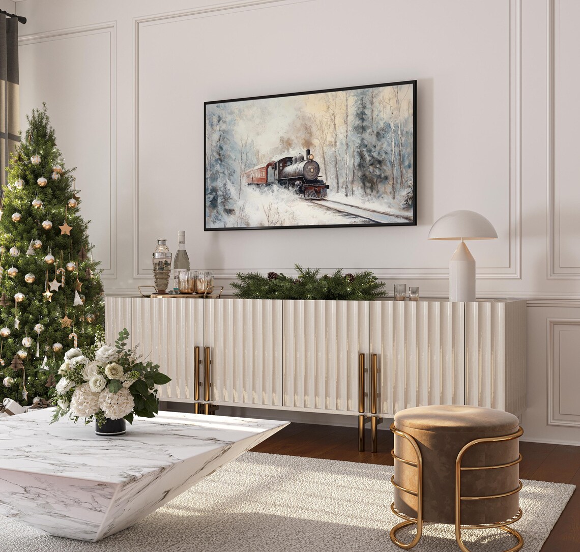 Vintage Steam Locomotive Snowy Forest Winter Railroad Painting Poster - Image 3
