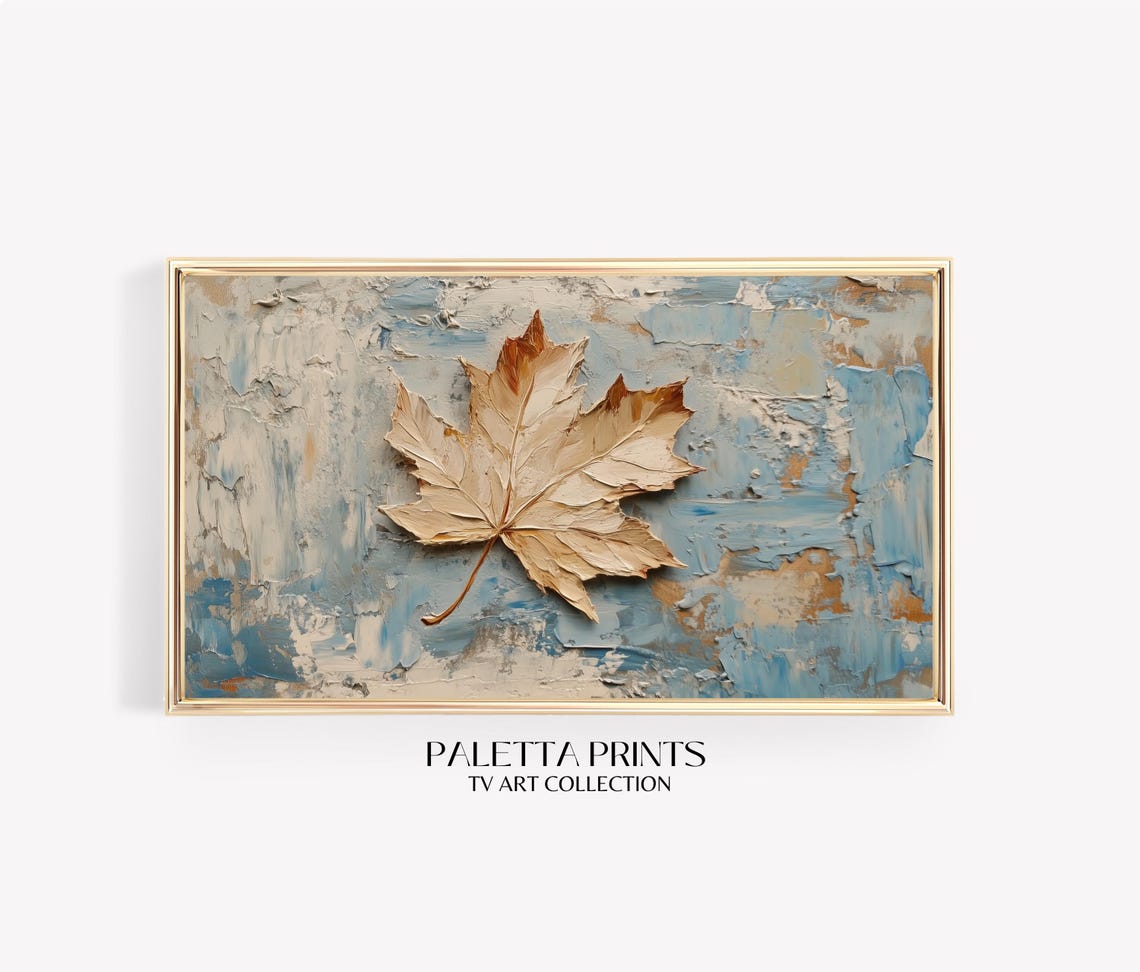 Maple Leaf Textured Impasto Painting Blue Neutral Fall Wall Art Poster