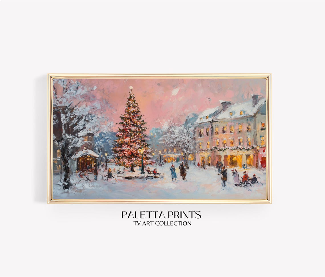 Festive Town Square Christmas Tree Snowy Village Lights Wall Art