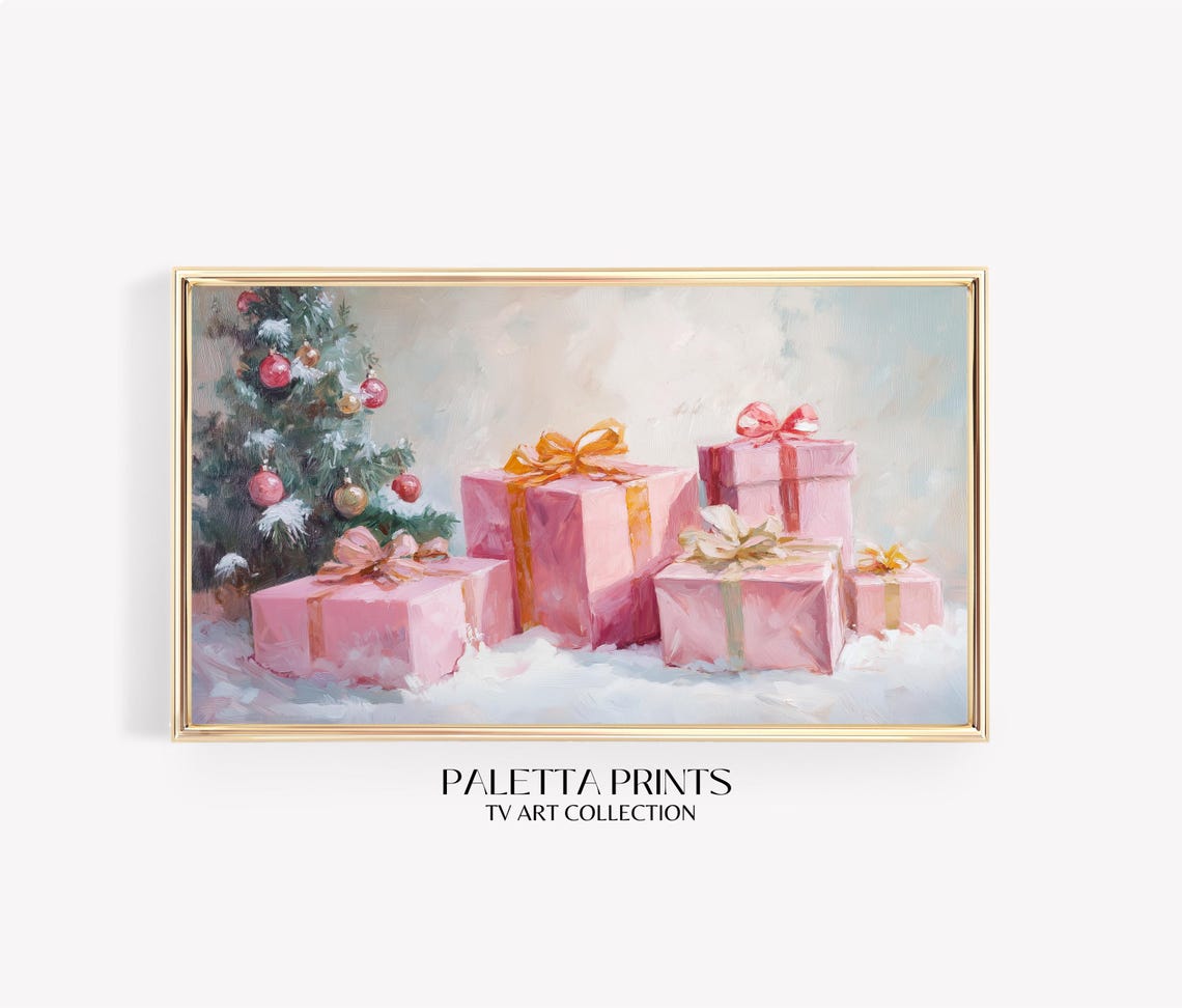 Pink Christmas Tree Gift Boxes Painting Snowy Holiday Scene Art Print