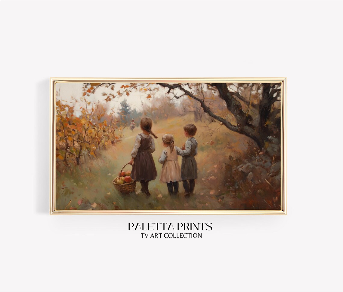 Children Apple Picking Autumn Path Vintage Harvest Scene Poster