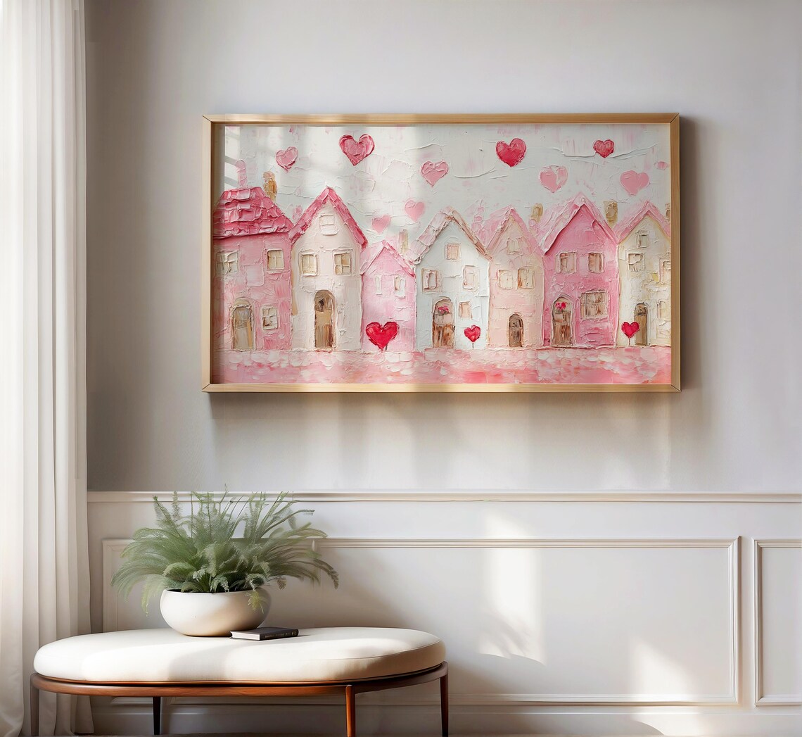 Pink Village Cottage Style Valentine Art Print - Image 2