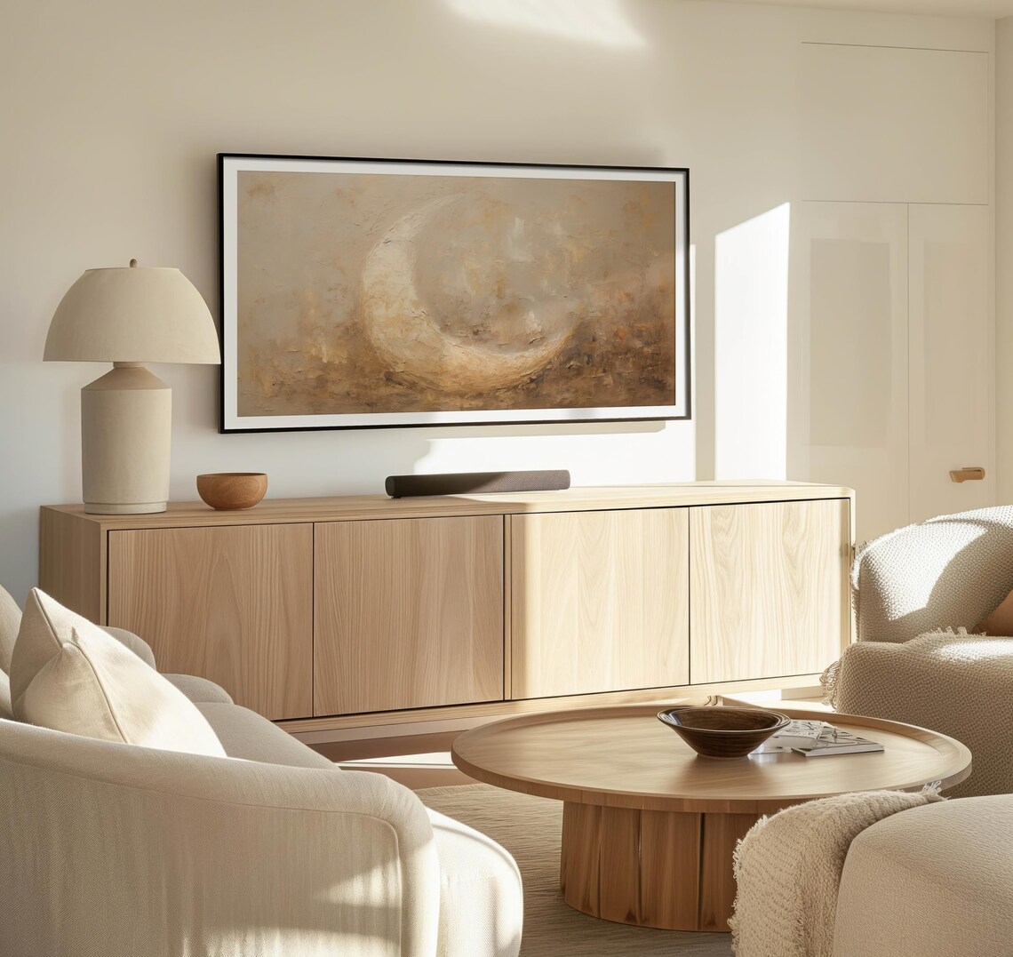 Soft Beige Crescent Moon Abstract Textured Painting Minimalist Wall Poster