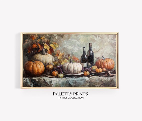 Elegant Fall Still Life White Orange Pumpkins Grapes Wine Art Poster