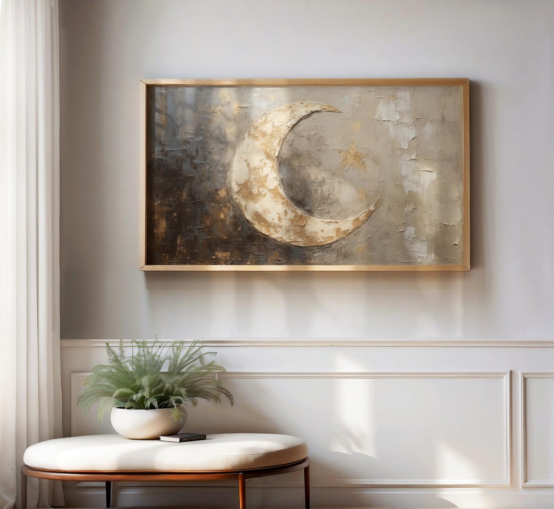 Textured Crescent Moon Star Islamic Wall Art Beige Gold Abstract Painting For Frame Tv Ramadan Decor Middle Eastern Spiritual Home Accent - Image 2