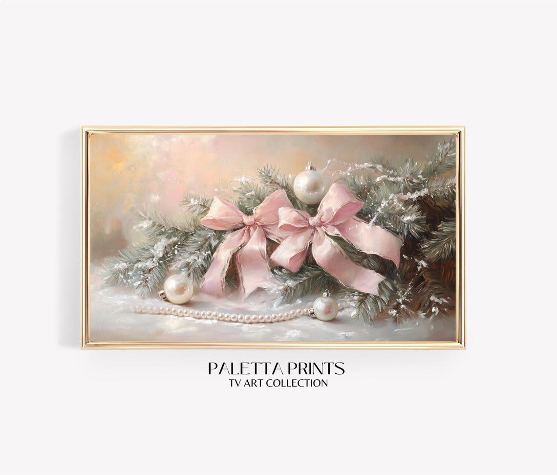 Blush Pink Bow Pearl Strand Snowy Pine Christmas Scene Wall Art