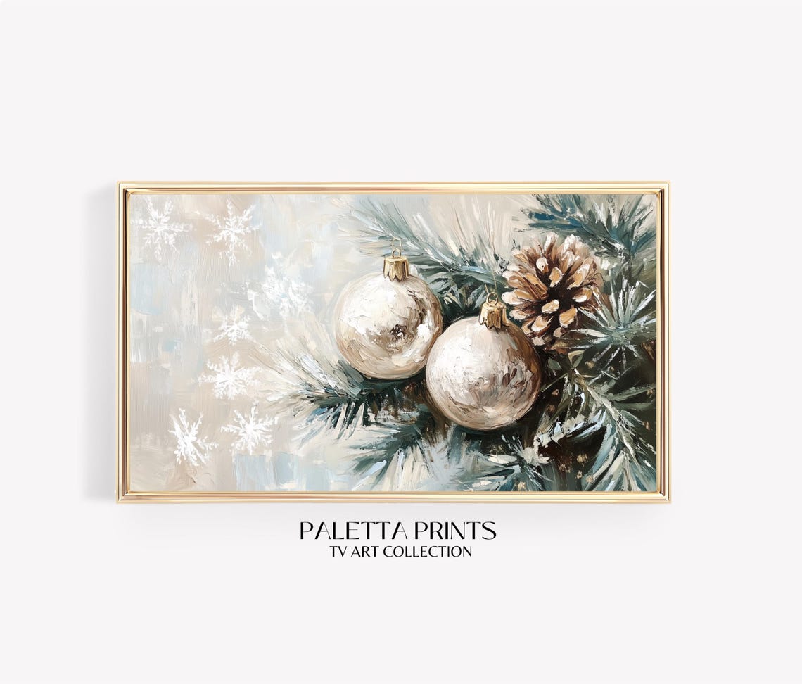 Frosted Silver Baubles Pinecone Christmas Snowflake Scene Art Poster