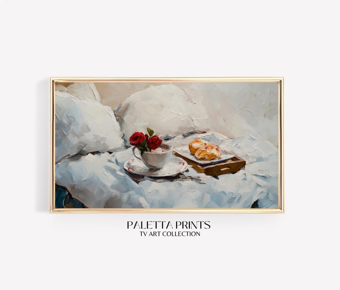 Romantic Breakfast in Bed Red Roses Croissant Still Life Poster