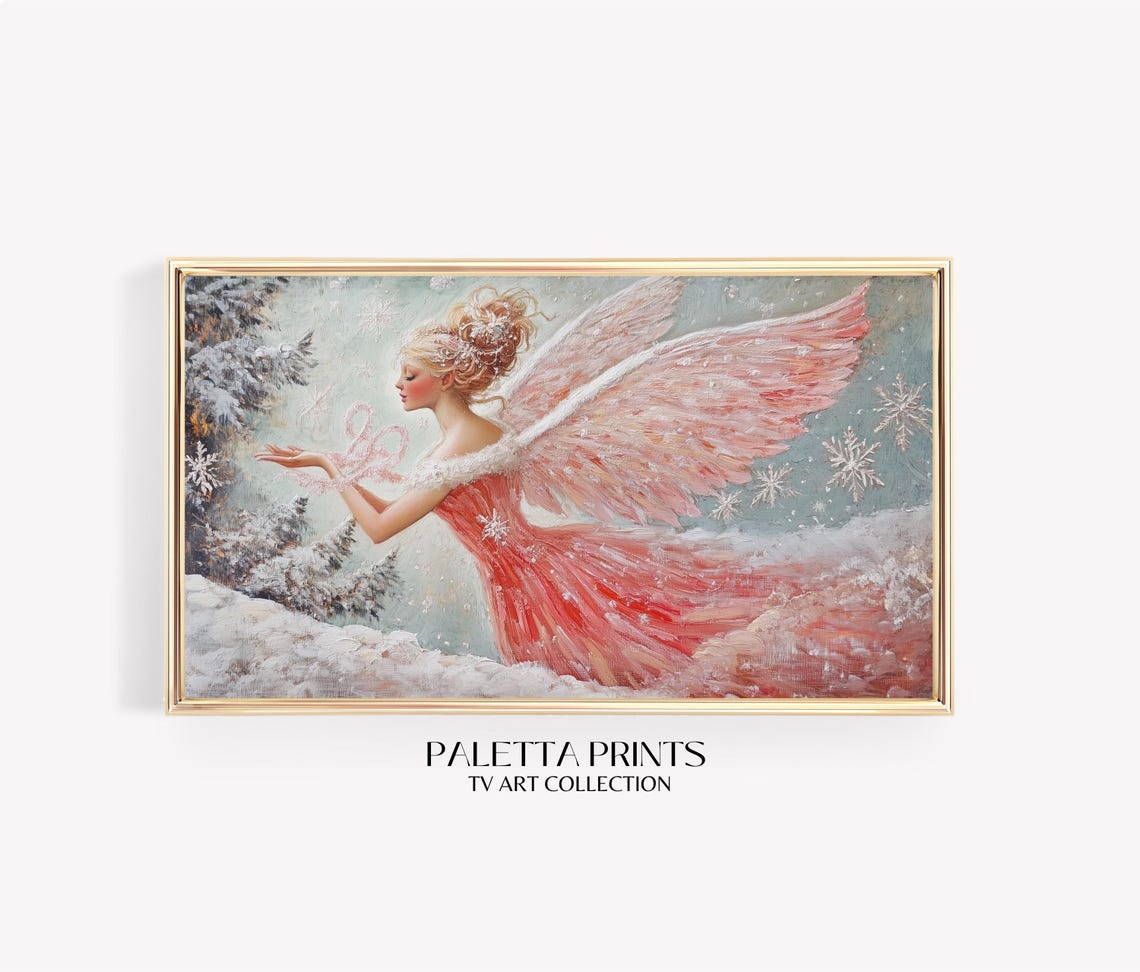 Christmas Angel Pink Dress Snowflake Winter Snowy Scene Wall Art