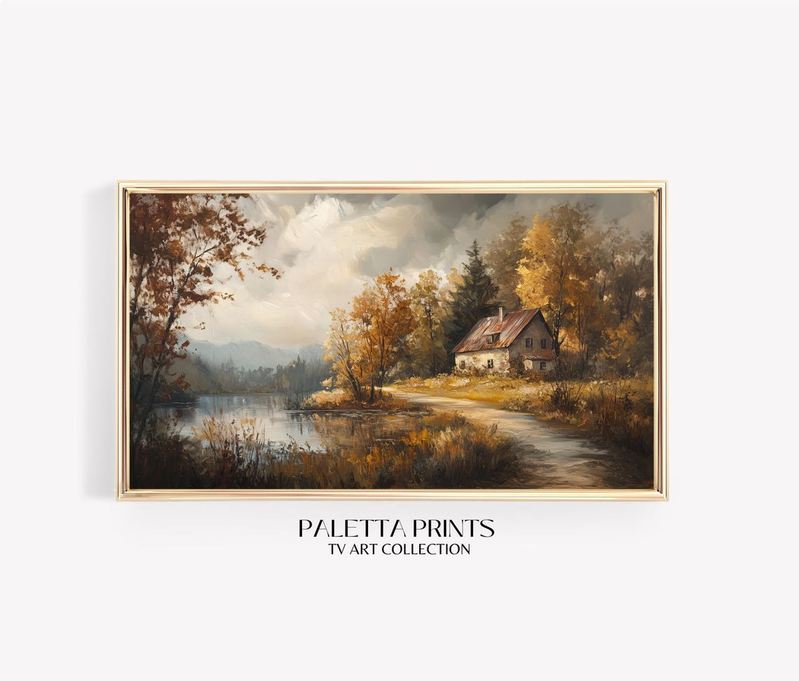Misty Lakeside Cabin Autumn Path Vintage Rustic Fall Landscape Poster
