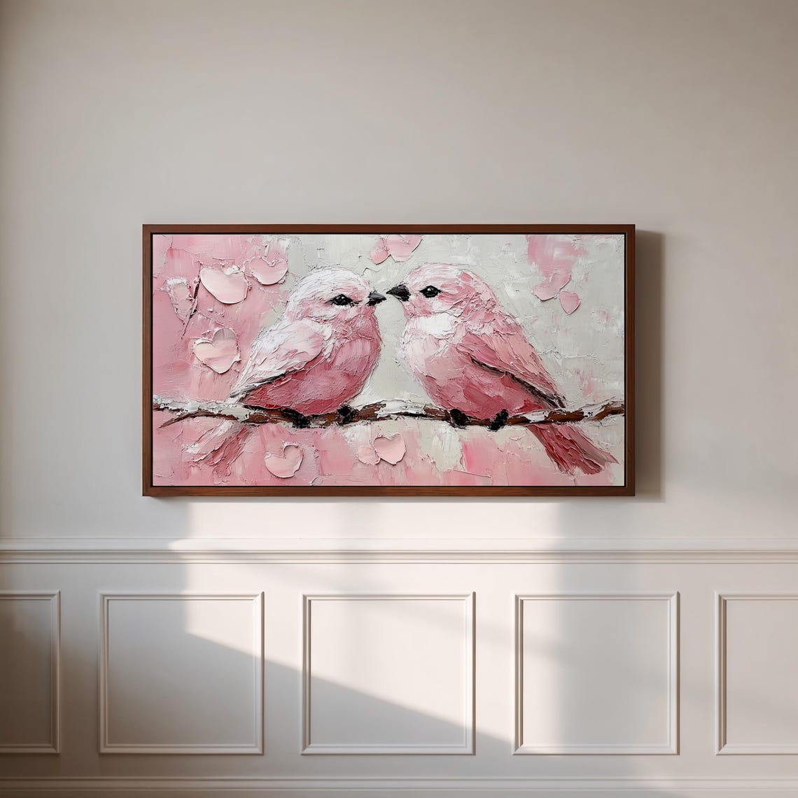 Two Pink Lovebirds Beak to Beak Impasto Branch Valentine Poster - Image 3