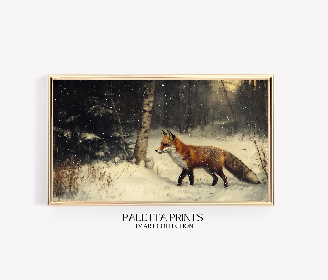 Red Fox Snowy Night Birch Forest Winter Wildlife Painting Tv Poster