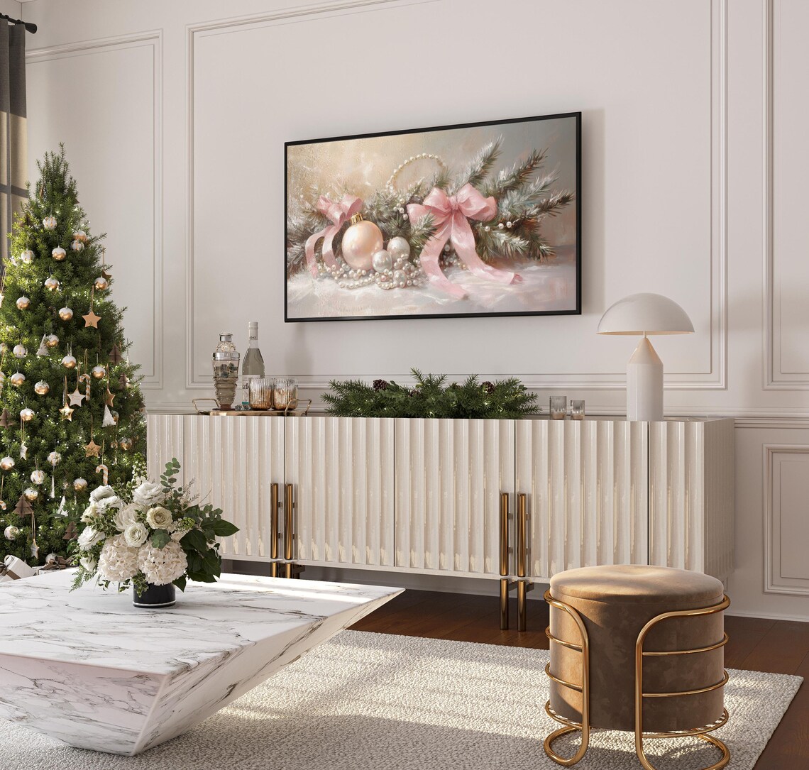 Elegant Pink Bow Ribbon Garland Christmas Painting Pearls Art Print - Image 3