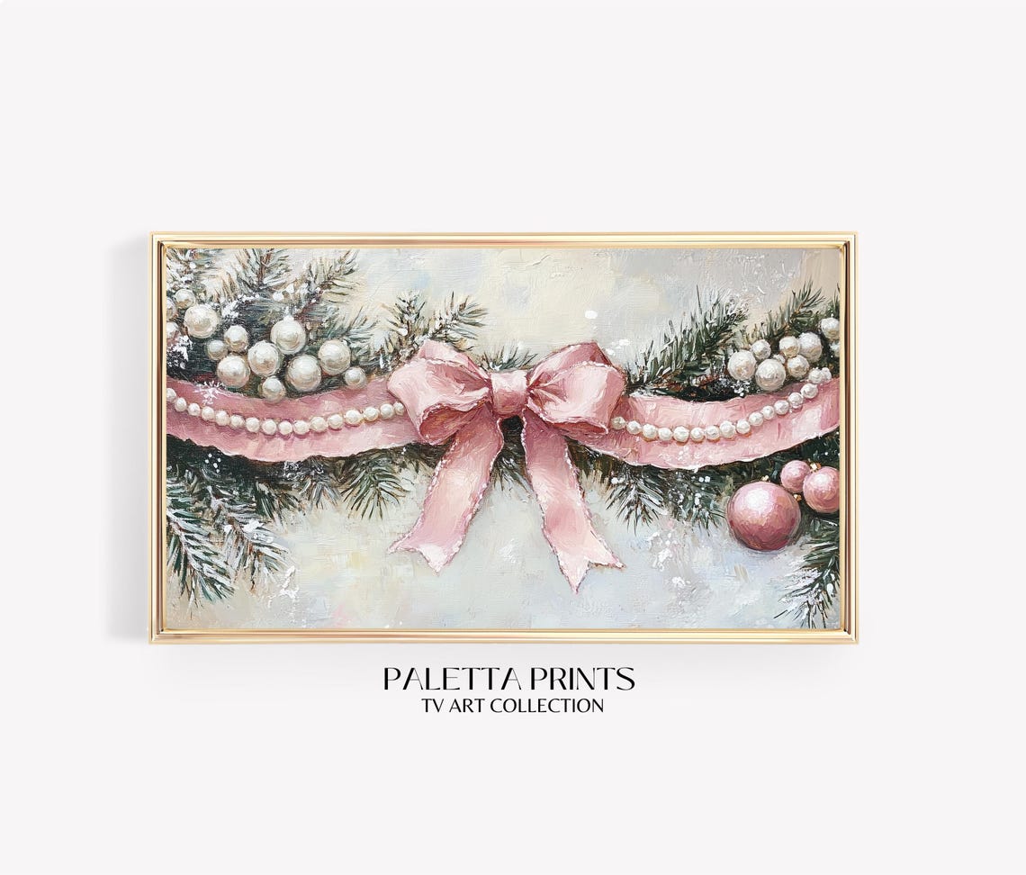 Pink Ribbon Pearl Garland Christmas Pine Bauble Festive Art Print