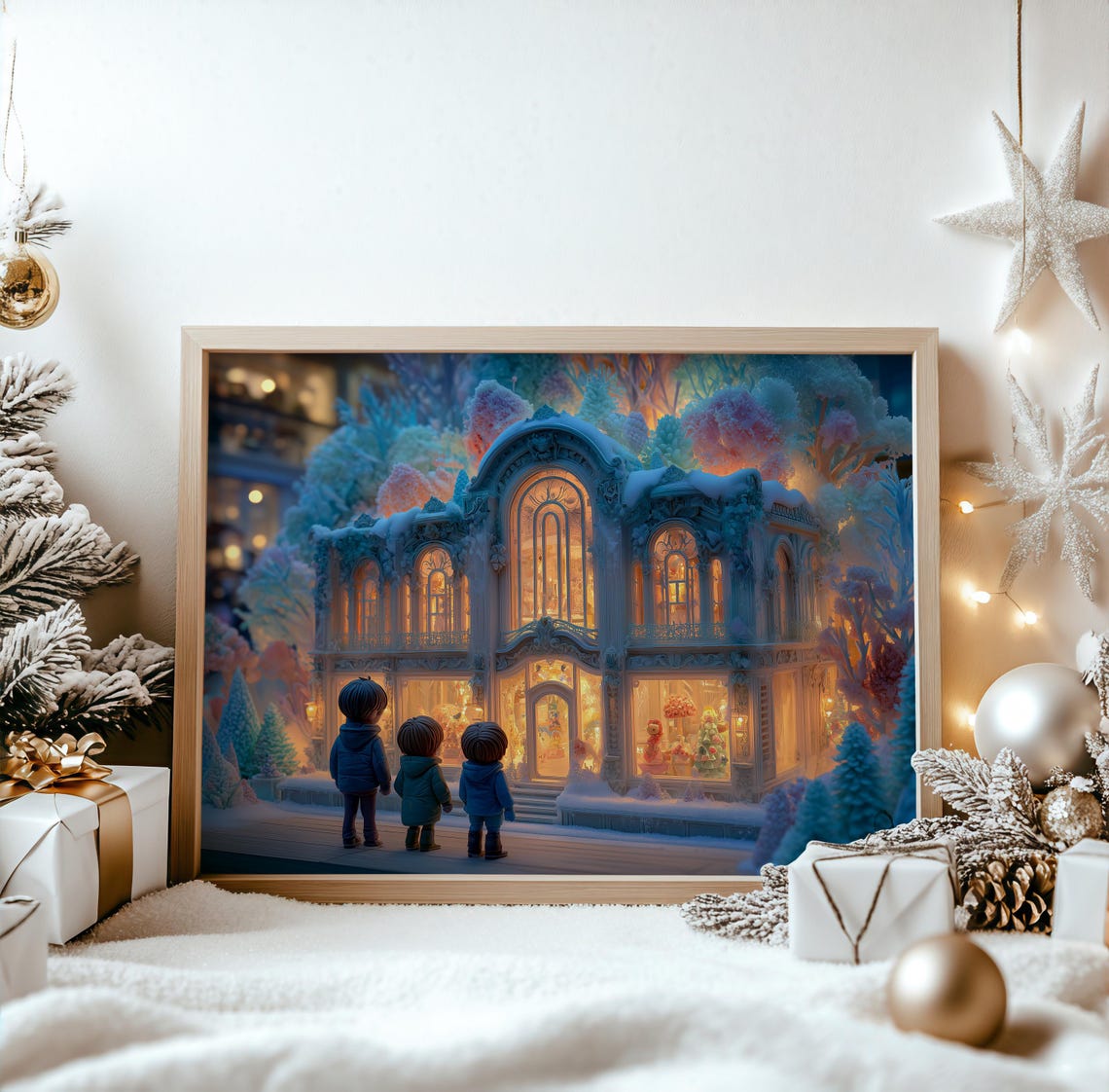 Department Store Christmas Window Kids Snowy Night Holiday Poster