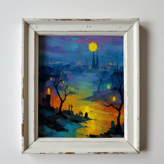 Moody Autumn Graveyard Scene Foggy Night Landscape Spooky Halloween Wall Art Vintage Decor Mysterious Oil Painting 263