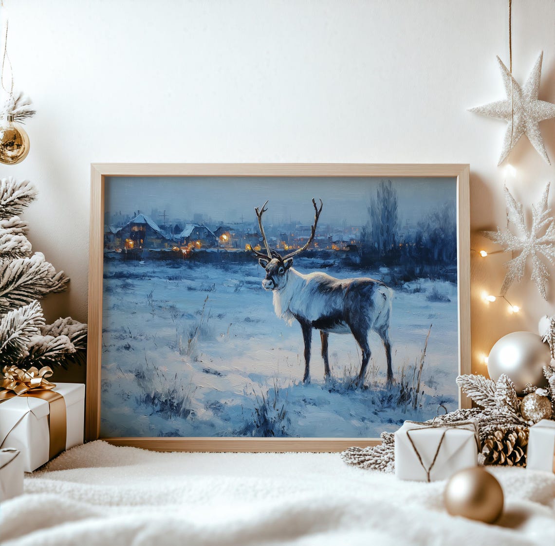 Reindeer In Snowy Twilight Field Winter Village Lights Scene Poster