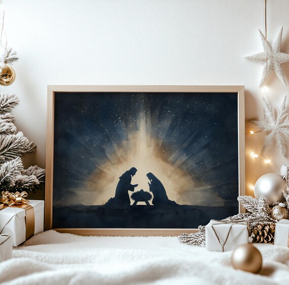 Nativity Silhouette Under Starry Night Sky Christmas Wall Art