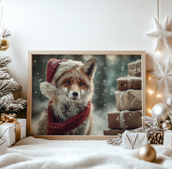 Red Fox in Santa Hat and Cozy Scarf Snowy Christmas Portrait Poster