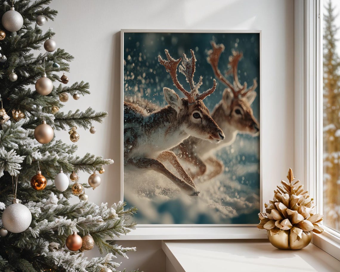 Reindeer Running Through Snow Falling Winter Wildlife Art Poster