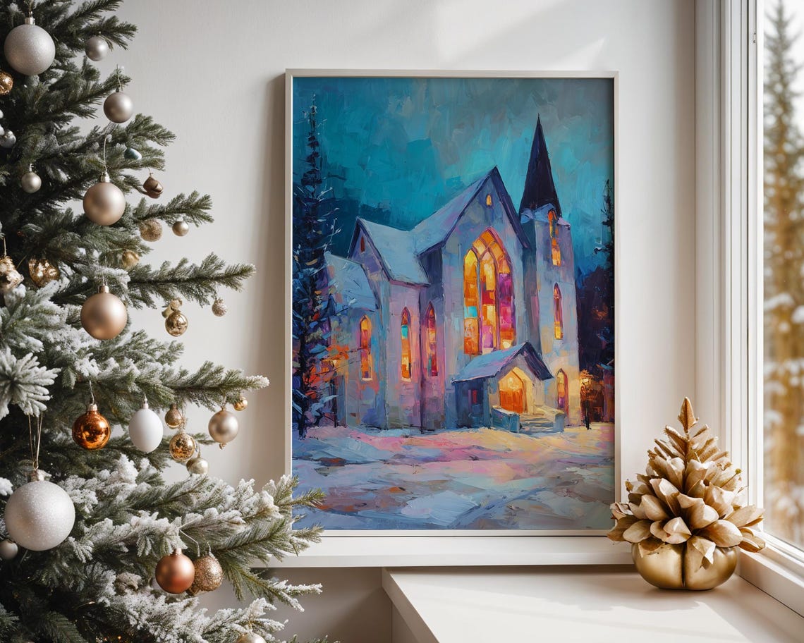 Snowy Church Midnight Christmas Glowing Windows Winter Art Poster