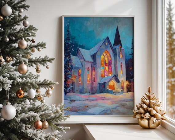 Snowy Church Midnight Christmas Glowing Windows Winter Art Poster