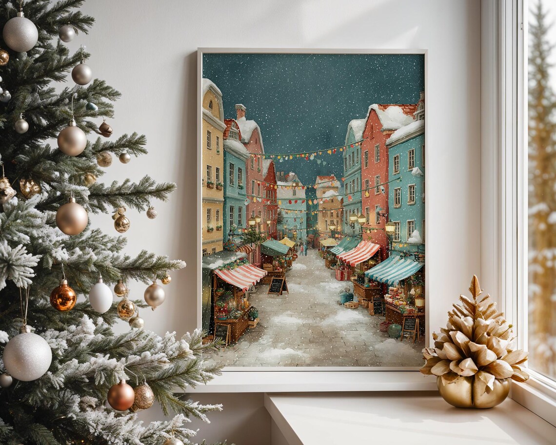 Cheerful Christmas Village Market Street On Snowy Night Poster