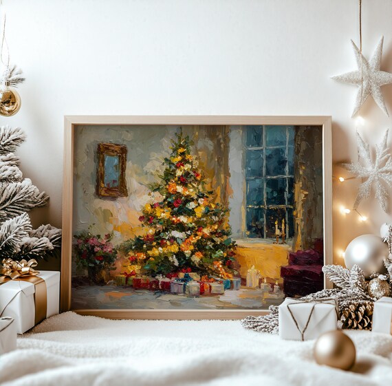 Colorful Christmas Tree In Cozy Room Vintage Oil Painting Style Poster