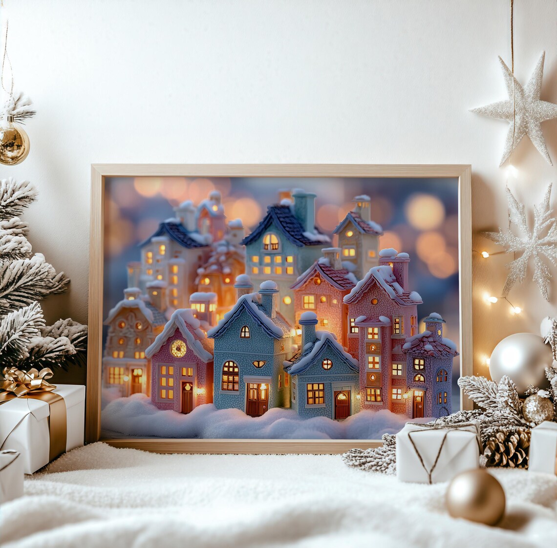 Pastel Christmas Village Glowing Cottages Snowy Holiday Art Poster